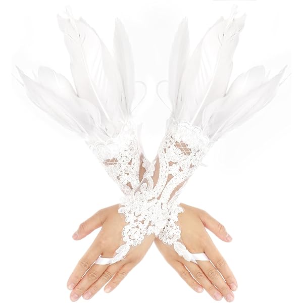 1 Par De Guantes Sin Dedos De Encaje Con Plumas, Negros, Tamaño 38x20 Cm, Accesorios Para Disfraces, Fiestas, Halloween Y Actuaciones, Diseño Elegante Y Misterioso