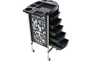 TESUGN Friseurwagen, Salon Rollwagen mit 5 ausziehbaren Schubladen, Home Friseurwagen Arbeitswagen Rollwagen mit Faltbare Gerätehalter, Tragfähigkeit 100kg Für Beauty Salon(Schwarz)