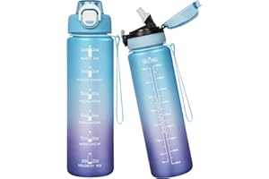 Seekua Sport Tritan Gourde 1l avec Paille & Marqueur de Temps, Motivation Bouteille d'eau sans bpa reutilisable pour Running, Gym, Fitness, 2 Couvercles, 1 litre
