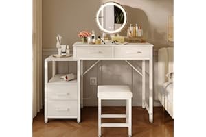 ODK Bureau avec Miroir LED Réglable, Table de Maquillage avec 4 Tiroirs et Armoire Latérale Amovible, Ensemble de coiffeuse Compact avec Tabouret, Coiffeuse avec éclairage LED, Blanc, 80 x 40 x 130 cm