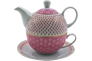 DEKOHELDEN24 Tetera de porcelana, juego de té para uno, tetera para té, tetera con tetera, juego de tetera retro con taza de té de porcelana rosa y oro, 15 x 15 x 16 cm.