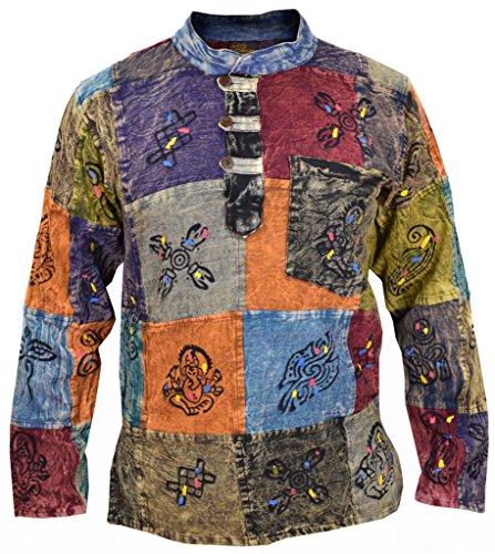 Little Kathmandu Camisa para hombre, tipo patchwork, estilo hippie, con símbolos estampados multicolor Stonewashed Large