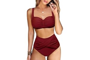 VANCAVOO Maillots de Bain Deux Pièces Femme Bikini Set Push Up Taille Haute Maillot de Bain 2 Pieces Elégant Vintage Pliant Swimwear De Plage Beachwear Été
