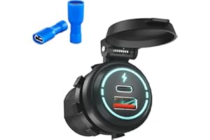 ALLWSLucky Prise USB 12V, QC3.0 18W & PD 30W Chargeur USB pour Moto, Prise US B Voiture IP67, Moto USBC pour Caravane SUV Marin Bateau 12V