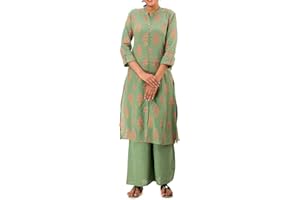 Ladyline Kurti Kurta Damen-Tunika-Oberteil aus Baumwolle, ethnisch, bedruckt, vorne mit Schlitz, aufrollbare Ärmel, Knopfleiste, Halstasche, lang