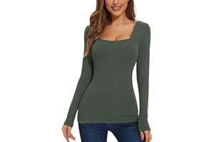 WOWENY Thermo Oberteil für Damen Winter Pullover Eckigem Ausschnitt Langarm Thermounterwäsche Gerripte Tshirts Unterhemd Langarmshirt Fleece Shirt,