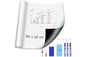 MAXTEK Rollo de papel magnético para pizarra blanca, 60x90 cm, autoadhesivo, juego de imanes de borrador, rollo de papel para pizarra blanca para oficina en casa