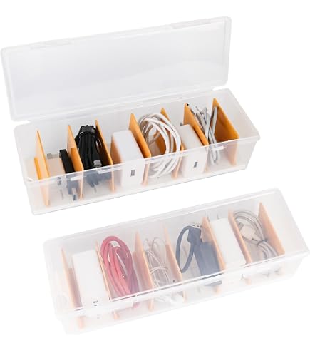 2 Stück Transparente Kabel-Organizer-Boxen Mit Deckel – Inkl. 16 Kabelbindern & Trennwänden, Stapelbar, 29,2x9,2x7,2 Cm