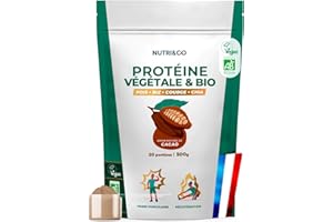 NUTRI & CO Protéines Vegétales BIO - 4 Sources : Pois, Riz, Chia & Courge - Riche en BCAA - Vegan Protein 100% naturelle - Goût Naturel Cacao 500g - Sans édulcorant ni additif - Fabriqué en France