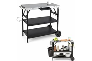 GiantexUK Folding Dining Cart, 3-Tier Mobile BBQ Table Trolley with Adjustable Shelf, Phone Stand, Spice Rack and Hooks, Outdoor Grilling Cooking Pizza Serving Cart