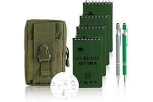 QLFJ-FurDec 4pcs Block Notes Impermeabili, 1 Marsupio Tattico e 2 Penne Gel Nere in Metallo, Field Notes A7 Rite in the Rain Con Spirale, Blocco Note Piccoli 3x5 Pollici, Piccolo Taccuino Tascabile