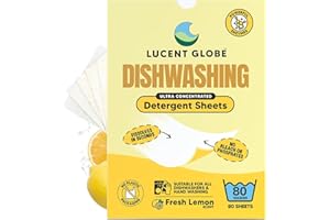 Lucent Globe Dishwasher Dishwashing Detergent Sheets, 80 Washes, Dishwashing Tablets Alternative. Plant-Based, Eco-Friendly, Fully Biodegradable, Lemon Scent & Plastic Free Packaging