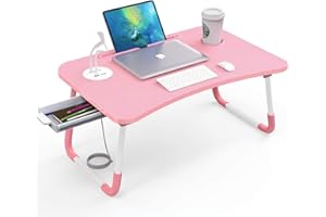 Laptop Bed Table with USB Port, Elekin Portable Bed Tray, Lap Desk with Drawer/Cup Holder for Eating, Writing, Reading, Working on Bed/Couch/Sofa with Little Present (Small Lamp, Small Fan)-Pink