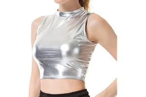 SamHeng Metallic Crop Top für Damen, Ärmellos Glänzend Metallische Shirt Top Unterhemd Bauchfrei Sexy Party Clubwear Tanzweste Glänzendes dehnbares ärmelloses Hologramm Club Tank T-Shirt