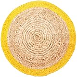 Größe: 120cm Durchmesser 1cm Dick | Material: Jute geflochten | Farbe: Natur Beige und Gelb | Form: Rund.