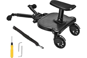 MICADDY Portable Buggy Board with Seat, Universal Kiddy Boards Pram Standing Board,Stable Two Wheel Design,360° Rotation,Pram Accessory for Children Baby from 2-6 Years Compartible with 99% Stroller Black