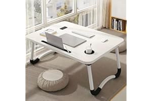 SMALLRUN Mesa Plegable para Portátil Escritorio para Cama o Sofá Bandeja Multifuncional para Estudio, Trabajo, Desayuno Ideal para Jóvenes en Casa o Viaje (con Cajon, Blanco)