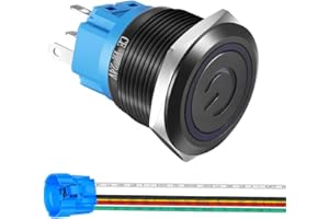 Gebildet 22mm 12V-24V/5A Interruttore a Pulsante a Scatto in Acciaio Inossidabile da Simbolo di Alimentazione LED 1NO1NC SPDT Impermeabile con presa a filo Spina (LED blu/guscio nero)