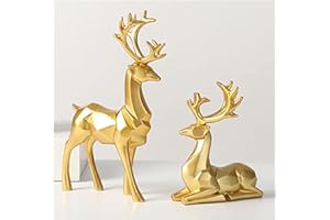 ONECEN rackbone 2 Pieces Christmas Reindeer Figurines Decor Nordic European Style Deer Statue Fireplace Window Desk Bedroom Shelf Ornament for Home Living Room Office Decoration (Gold)