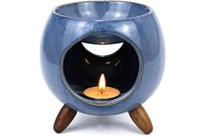 Doftlampa för eteriska oljor, keramisk aromlampa diffusor med 3 träfötter, värmeljus oljebrännare för aromaterapi och rumsdof