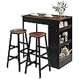 ROYAL POLAR Bar Table and Chairs Set Wooden Counter Height Table Set with 2 Bar Stools, Industrial Bar Table Set with 3 Tier Adjustable Storage Shelves