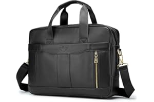 BAGZY Maletin para Ordenador Portátil 15.6 Pulgadas Regalo Hombre Maletín de Cuero Genuino Bolso Hombre Bandolera para Portátil Bolso Mensajero Negocios (Negro)