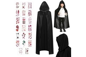 SPHERETRON Vampir Umhang,Vampiampir Schwarz Kostüm,Halloween Vampiampir umhang mit kapuze Umhang Schwarz Halloween mit 20 Temporäre Tattoos Schwarz Kapuzenumhang für Halloween,Karneval,Cosplay usw.