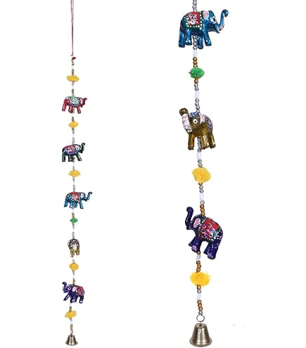 Décoration Suspendue Super India - 2 Éléphants Peints à La Main | Ornement Porte Diwali | Culturel Traditionnel