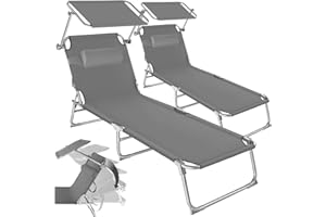 tectake® Set de 2 Chaises Longues Pliantes avec Pare Soleil & Appuie-tête - Transat Inclinable de Plage, Relax pour Jardin, Camping, Salon Exterieur - Gris