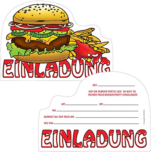 6 Einladungskarten * BURGER PARTY * für Kindergeburtstag oder Party von DEKOSPASS // perfekt für Partys bei Mc Donalds, Burger King, etc // Kinder Geburtstag Party Kinderparty Kinogeburtstag Einladung Einladungen Karte Einladungs-Set Motto Mottoparty Hamburger
