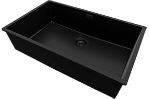 PRIMAGRAN Evier Cuisine en Granit Tout Noir 76x47cm, Lavabo 1 bac + Robinet 38x14cm + Kit de Vidage, Évier à Encastrer al mueble 80cm - London Slim S280