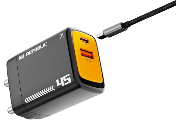 Nu Republic Cybotron 45W Dual Port Gan Superfast Wall Charger, USB & Type C Port, QC PD Technology with Type-C to C Cable, Supports MacBook, Type-C Laptops, iPhone, Samsung, OnePlus etc (Black)