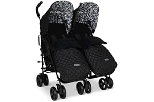 Cosatto Supa Dupa Poussette double de naissance 0-25 kg, légère, pliable compacte, avec chancelières, porte-gobelet et housses de pluie (silhouette noire)