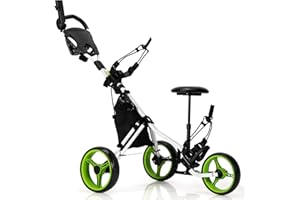 COSTWAY Carrello da Golf Pieghevole con 3 Ruote, Trolley da Golf Altezza Regolabile di Alluminio con Sedile, Porta Ombrello e Porta Bevande