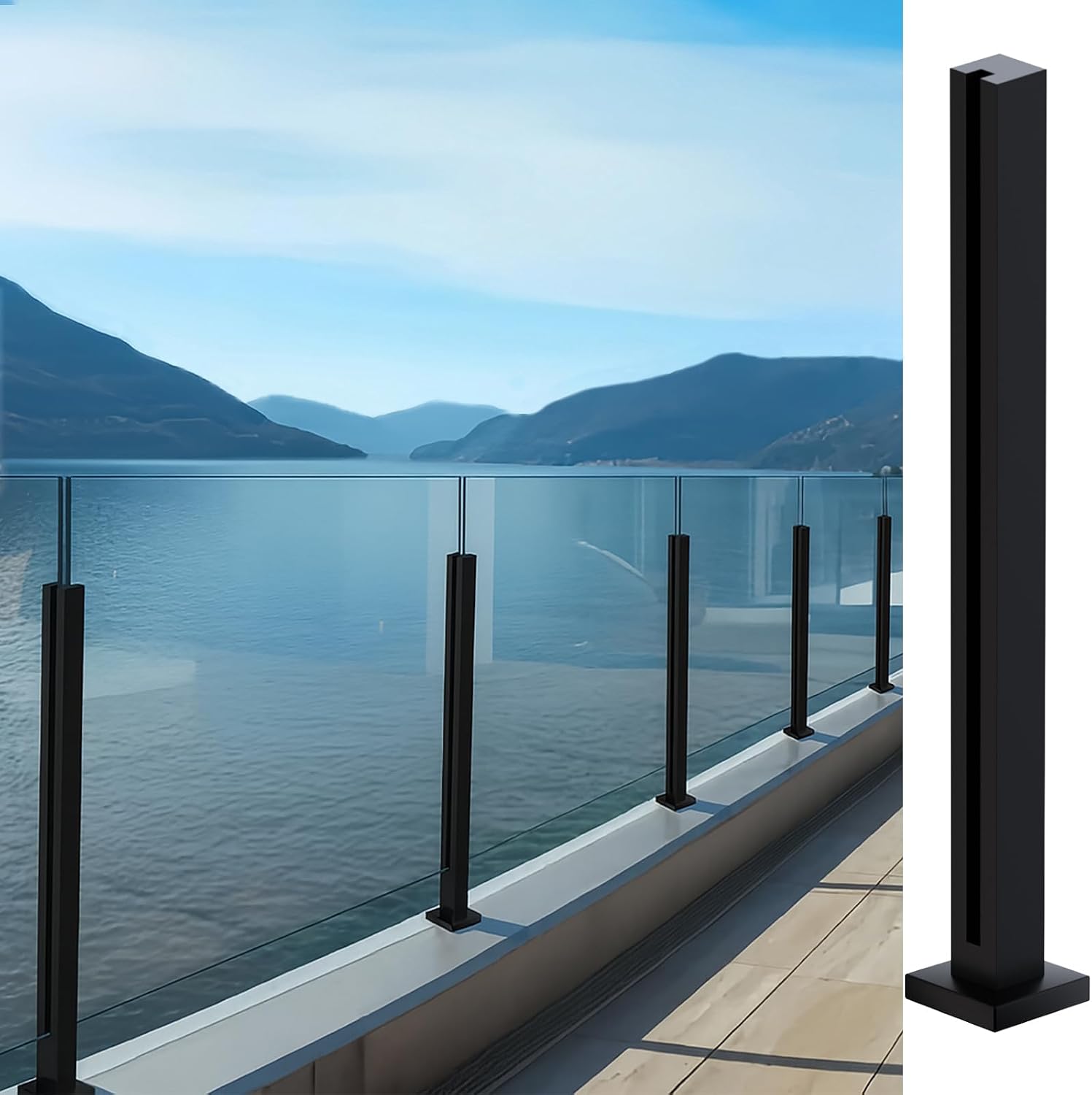 Cvter Poste Para Barandilla de Vidrio Negra: 100cm de Balaustrada de Cubierta de Vidrio Sin tapa con Ranuras para Cubiertas, Escalones, Balcón, Piscina, Jardín, Escaleras. Acero inoxidable