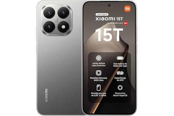 XIAOMI 15T - Smartphone de 12+256GB, Lente óptica Leica Summilux, MediaTek Dimensity 8400-Ultra, Pantalla Eye Care de 6,83" 120 Hz, HyperCharge de 67W, Cargador no Incluido, Gris (Versión ES)