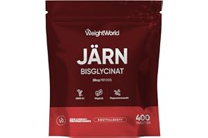 Järntabletter – 400 veganska tabletter – Järn bidrar till normal energiomsättning (EFSA) – 2 tabletter per dos – 28 mg järn per dag – 6+ månaders förbrukning – Järnbisglycinat – WeightWorld