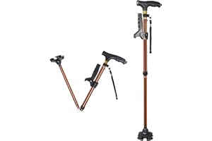 SUEH DESIGN Canne de Marche Pliante avec Lumière LED pour Homme et Femme, Bâton de Marche Pliable pour Personnes Âgées avec Poignée Latérale