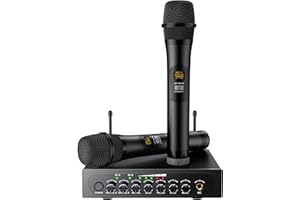 PROZOR Sistema Microfono Wireless Doppio UHF Microfono Wireless Karaoke con Controllo dei Bassi Eco Acuti Microfono con Cavo RCA Cavi Audio 6.35mm per Karaoke DJ Canto Chiesa Matrimoni