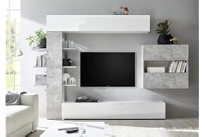Web Convenienza Parete TV Attrezzata Collezione Sorano 2 B - Mobile Televisore in Legno con Ante a Ribalta Moderno - Color Bianco e Cemento