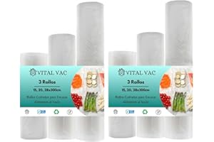 VITAL VAC 6 Rollos Gofrados de 15cm, 20cm y 28cm x 3 metros de longitud | Para Envasadora al Vacío de Alimentos | Reutilizables | Conservación, Congelación, Microondas y Cocción Sous Vide