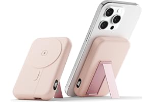 decqle 001 Magnético Power Bank, Bateria Externa Inalámbrico 10000mAh Power Bank, Plegable Soporte Batería Portátil Cargador Compatible con MagSafe para iPhone 12/13 / 14 Serie 2024 (Rosa)