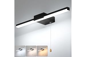 Lightsjoy 40CM Bathroom Mirror Light with Pull Cord Switch 8W Bathroom Wall Lights 3 Colors Dimmable Mirror Lamps IP44 Shaving& Make Up Light Above Bathrooms Picture Lights for Living Room Black