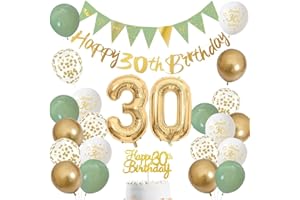 LOVECENTRAL 30 Jahre Geburtstag Dekoration für Männer und Frauen – Salbeigrün, Weiß und Gold Luftballons mit ‚Happy Birthday‘-Banner, Zahl 30 Ballon und Tortenaufleger für 30 Jahre Geburtstagsfeier-Deko (30)