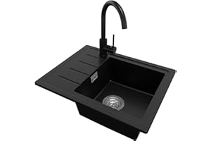 PRIMAGRAN Evier Cuisine en Granit Noir 55x44cm, Lavabo 1 bac + Kit de Vidage, Évier à Encastrer al mueble 45cm - Copenhague Easy S009