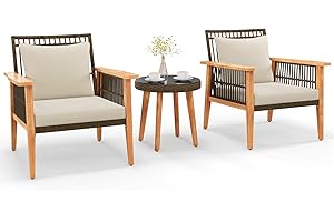 COSTWAY 3PCS Rattan Garden Furniture Set, Acacia Wood Bistro Set with 2 Armchairs, Glass Side Table & Cushions, Outdoor Wicker Conservatory Sofa Table Set