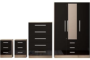 UNIQUE FURNISHINGS LTD UNIQUE FURNISHINGS COMBI BEDROOM SET - COMBI WARDROBE + CHEST OF DRAWERS + 2X BEDSIDE TABLE HIGH GLOSS BLACK
