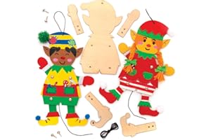 Baker Ross AT115 Kits Marionetas de Madera Duende Navideño, Artes y Manualidades Festivas, Pack de 4