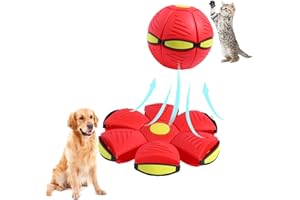 MOSKADO Dog Toys Flying Saucer Ball - Pet Magic Deformation UFO Toy for Outdoor Sports & Training - 2-in-1 Puck & Ball Design - Strong Elasticity & High Jump - Durable for Dog's Play Flying (Red, No Light)