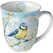 Tasse 10cm Porzellan mit Blaumeise und Blütenmotiv - 0,4L Keramiktasse Porzellangeschirr - Kaffeetasse Teetasse Kakaotasse - Frühlingsgeschirr Tassen & Becher